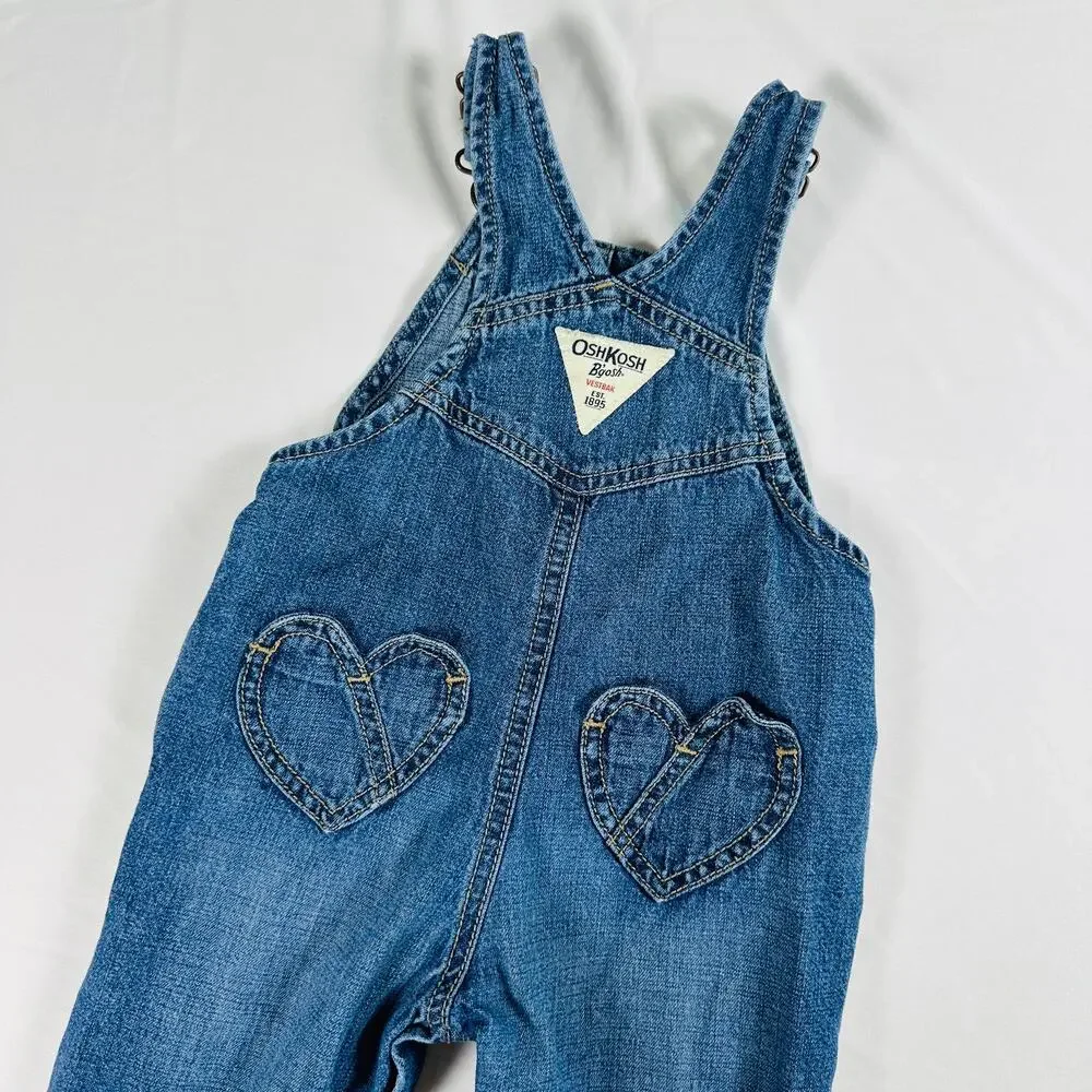 OshKosh B'gosh Embroidered Heart Embellished Denim Overalls Sz 18 mo